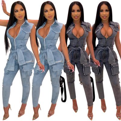 China jofz1121 women's anti-pilling full length clothing stretch rompers lady's denim overalls washed jeans for woman for sale