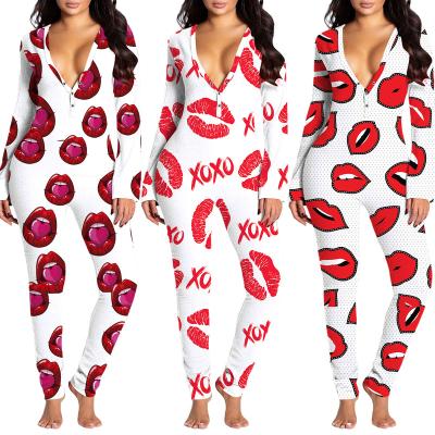 China JOFZ2002 Breathable Womens 2021 Long Sleeve Printed Lip Pattern Bodycon Jumpsuit One Piece Jumpsuit for sale