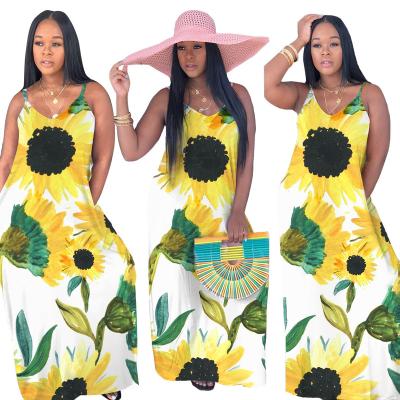 China JOFZ1075 2020 Anti-Static Spaghetti Strap Loose Print Maxi Long Lady Elegant Sexy Sunflower Dress Summer Women Girls Casual Dress for sale