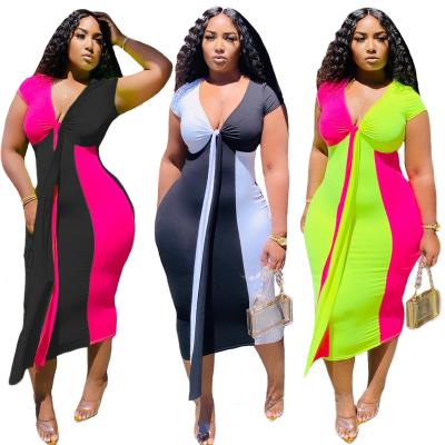 China 2020 Summer Sexy V Neck Splice Bodycon Anti-Static Short Girls Lady Elegant Clothes Women Long Casual Dress JOFZ1211 for sale