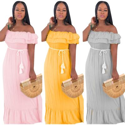 China New Design JOFZ-1254 Anti-static Bristle Off Shoulder Patchwork Dresses Summer Woman Lady Casual Dress for sale