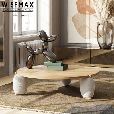 China Wave WISEMAX FURNITURE Design Unique Round Glass Center Table Living Room Wooden Coffee Table With Fabric Leg for sale