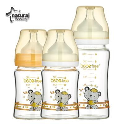 China Custom BPA Free Newborn Baby Autumn Fall Changeable Wide Mouth Milk Glass Baby Bottle Anti for sale