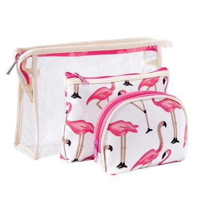 China Lady and Girls Flamingo 3 Pieces PVC Make Up Bags Set Waterproof Clear Zipper Pouch Laundry Bag Women Waterproof Travel Makeup PVC Cosmetic Bag for sale