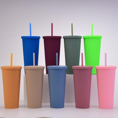 China Custom Sustainable In Stock Solid Candy Colors Double Layer Plastic Tumbler 24 Ounce Coffee Cups Lean 700 Ml Bulk Tumbler With Straw for sale