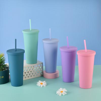 China Sustainable Wholesale In Stock Candy Colors Plastic Double Layer Tumbler 24 Ounce Coffee Cups 700ml Skinny Tumblers Mug Bulk Cup With Straw for sale