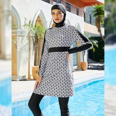 China 2022 Newest Breathable 3 Pieces Full Covered Burkini Hijab Islamic Swimwear Floral Print Swimsuit Swimwear Set For Muslim Woman for sale