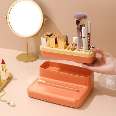 China 2022 Fashion ABS Silicon Candy Colors Makeup Mirror Organizer Phone Holder Lipstick Lip Gloss Brush Cosmetic Eyebrow Pencil Storage Box for sale