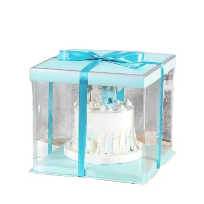 China Hot Selling Disposable High Quality Plastic Transparent Wedding Party Large Square Cake Box With Ribbon Food Packaging Box for sale