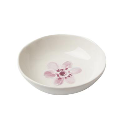 China Sustainable Ceramic Soy Sauce Dish Small Stoneware Saucer Dish In White Dip Dish With Flower Design For Restaurant for sale