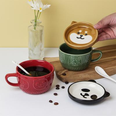 China Viable Custom Ceramic Cute Animal Mug Set Stoneware Retro Embossed Dog Panda Cat Cup Mug With Cover for sale