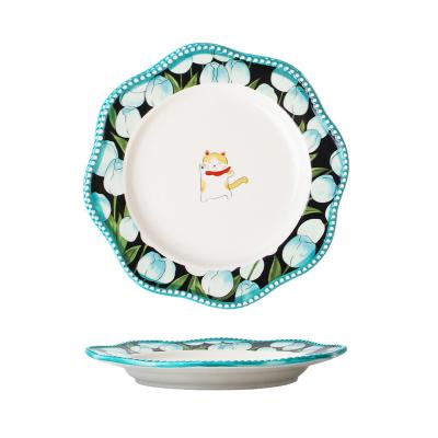 China Viable Tropical Style Floral Ceramic Dish Beads Safe Embossed Edge Dishes Microwave Porcelain Porcelain Dish Set for sale