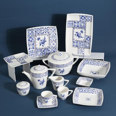 China Viable Antique Style Porcelain Dinner Set Ceramic Square White Dinnerware Tableware With Blue Bird for sale