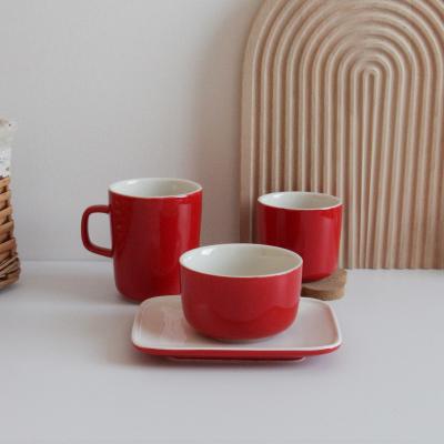 China Sustainable Ceramic Red And White Tableware Porcelain Bowl Dinner Dish Mug Cup Set Tableware for sale