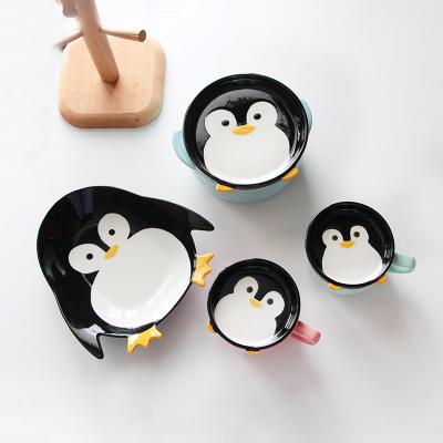 China Penguin Shape Dinner Set Cartoon Design Stoneware Dish Bowl Cup Viable Ceramic Cute Tableware Tableware for sale