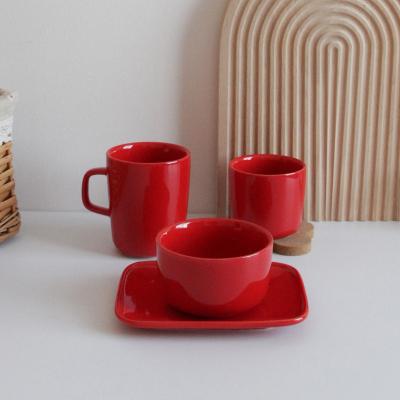 China Logo Pattern Red Color Glaze Ceramic Dinner Set Coffee Mug Dish Bowl Dish Viable Custom OEM ODM ODM for sale