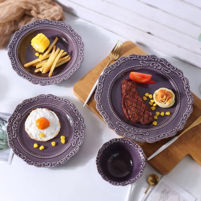 China Sustainable Antique Ceramic Stoneware Dinnerware Embossed Dinner Plate Set Dinnerware In Purple Color for sale