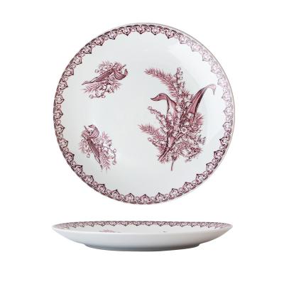 China Sustainable Wholesale Porcelain Dinner Plate Rustic Round Ceramic Dish Plate With Plant Pattern For Hotel for sale