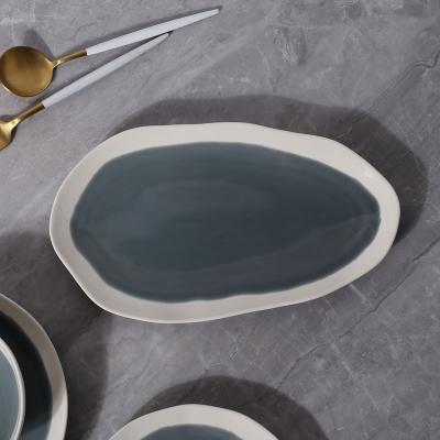 China Viable Nordic Style Gray Ceramic Plate 12 Inch Irregular Rim Dishes White Stoneware Plate for sale