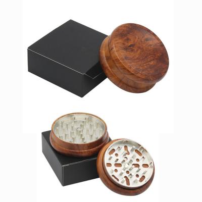 China Reusable Two-Layer Smoke Grinder 68mm Zinc Alloy Tooth Solid Wood Smoke Grinder for sale