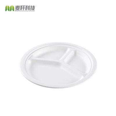 China Disposable 3 Parts Round White Biodegradable Sugar Cane Disposable Dessert Dish for sale