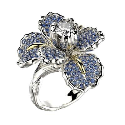 China FASHIONABLE European and American explosion patterns micro-inlaid blue iris patostone two-tone cocktail jewelry ring for sale