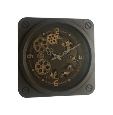 China Promotional Antique Bronze Color 37cm Square Style Gears Movable Wall Clock For Home Decoration for sale