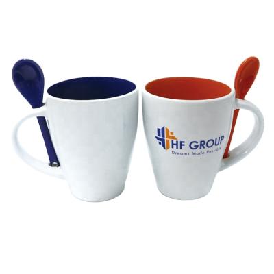 China 12oz Sustainable Inside Colored And Outside White Ceramic Coffee Mug With Spoon for sale