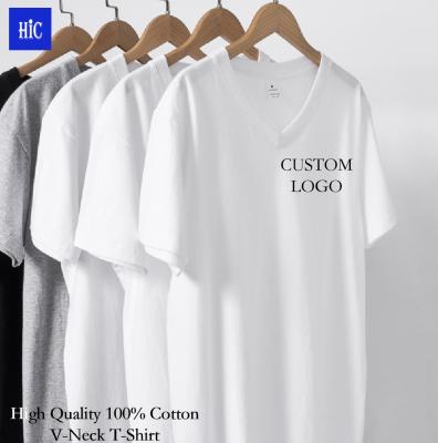 China HIC QUICK DRY Mens V Neck Knitted Custom Logo Casual Plus Size Slim 150g 100%Cotton Shorts Sleeve Tee Fitted Solid Color Bottom Shirt for sale