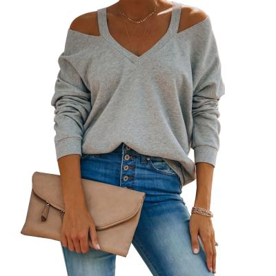 China New Arrival PH168-274 Autumn Casual WomanTops Solid Color Cavity Shoulder Loose V-Neck Women's Long Sleeve T-Shirts for sale