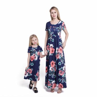 China Wholesale Anti-Static Women Slim Matching Dresses Family Clothes Floral Printing Wedding Dresses For Mother And Daughter for sale