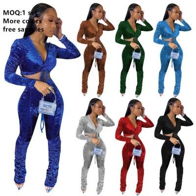 China Hot Selling QUICK DRY MOQ 1set 2021 Falls New Fashion Velvet Long Sleeve Crop Tops And Long Pants Sexy Two Piece Suits Set For Women Outfits for sale