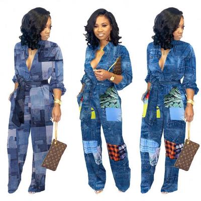 China Fashion Women's Casual Denim Print Wide Leg Waistband Breathable Loose Overalls Women's Long Sleeve Overalls for sale