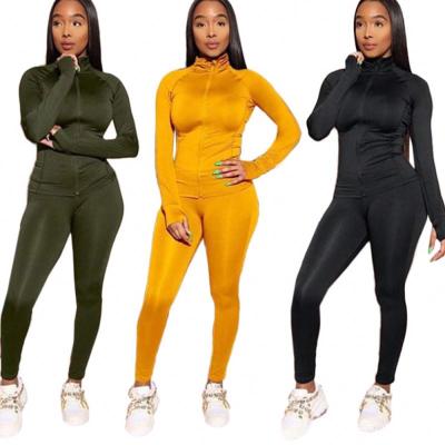 China Anti-Wrinkle 2021Hot Selling Wholesale New Fall 2 Piece Solid Color Long Sleeve Zipper Sweatshirt Casual Pants Set Women Clothing for sale