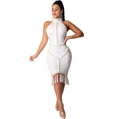 China Anti-wrinkle Women Elegent Black Pearl Tassel Tassel Bodycon Party Bandage Dresses for sale