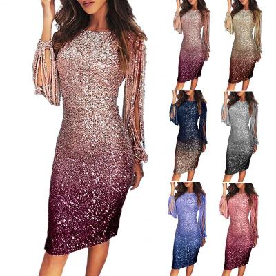 China Anti-static the escape dress evening with long tassel sleeves and gradient sequins dinner dress long sleeve dress for sale