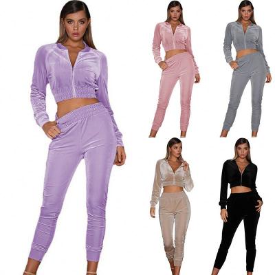 China Anti-wrinkle Amazon 2021 new women's velvet upper tight pants suit Europe and America crop casual zipper for sale