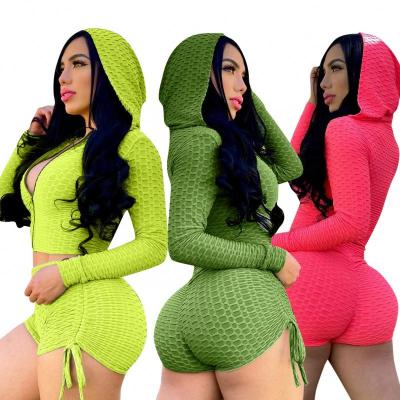 China Anti-wrinkle new style zipper hooded top tracksuit jogger fits tight stretch solid lace up 2 pieces set 2021 women biker shorts set for sale