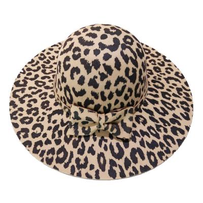 China Women Checked Brim Off Tough Felt Fedora Hats Elegant Round Dome Leopard Print Top Caps Faux Wool Blend Felt Hat Church Panama Hat for sale