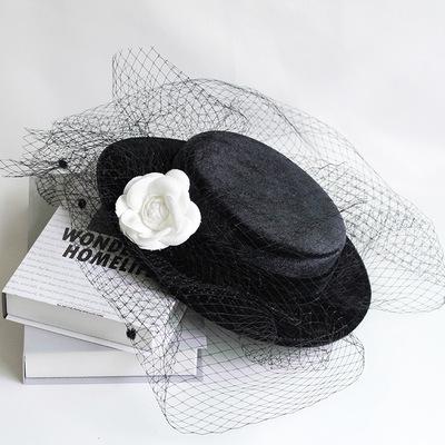 China Picture Party Hat Hepburn Style Elegant Luxury Hats Black Top Hat Weding With White Rose for sale