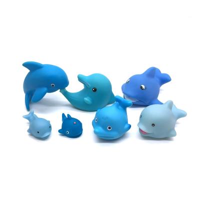 China Bath Toy Dongguan Manufacturer Mini Blue Dolphin Rubber Water Squirting Bathroom Bath Time Toy for Kids Children for sale