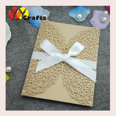 China Wedding party invitation card design laser cut greeting cards with white ribbon for sale