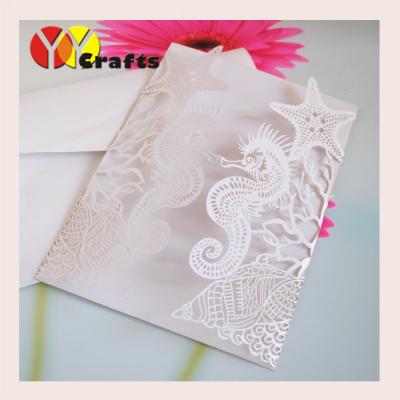 China laser cut customized Beach Starfish Seashell Sea Horse wedding invitations tree with insert,envelope and seal for sale