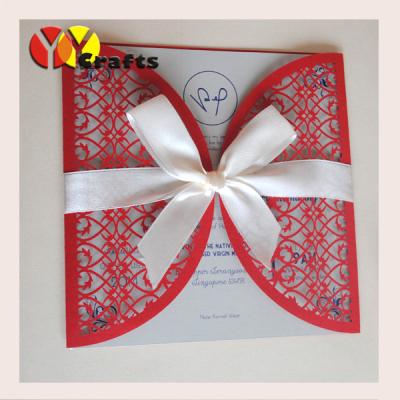 China wedding invitation card red pearl paper invitation card with tied butterfly ribbon Promotional European Laser Cut Emboss for sale