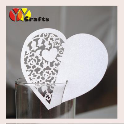 China Paper heart shape wine glass place cards white with laser cut flowers for sale