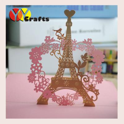 China Romantic Pop Up Card wedding invitation card laser cut Eiffel Tower elegant for sale