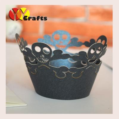 China Laser cut lace skull head design cupcake wrappers black for Halloween decorations for sale