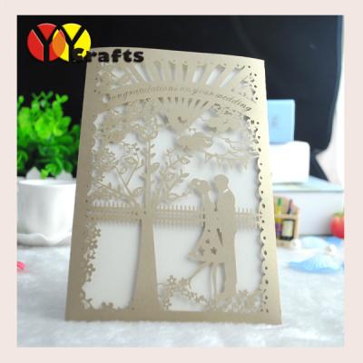 China Fancy champine gold bride and groom shape lace handmade invitation cards CUSTOMIZED for sale