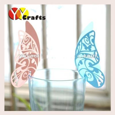 China Paper butterfly wine glass place cards pink and light blue color for baptism ceremony for sale