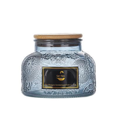 China Luxury Gray Glass Candle Jar For Home Decoration Small Mouth Heat Resistant Candle Making With Bamboo Lid for sale